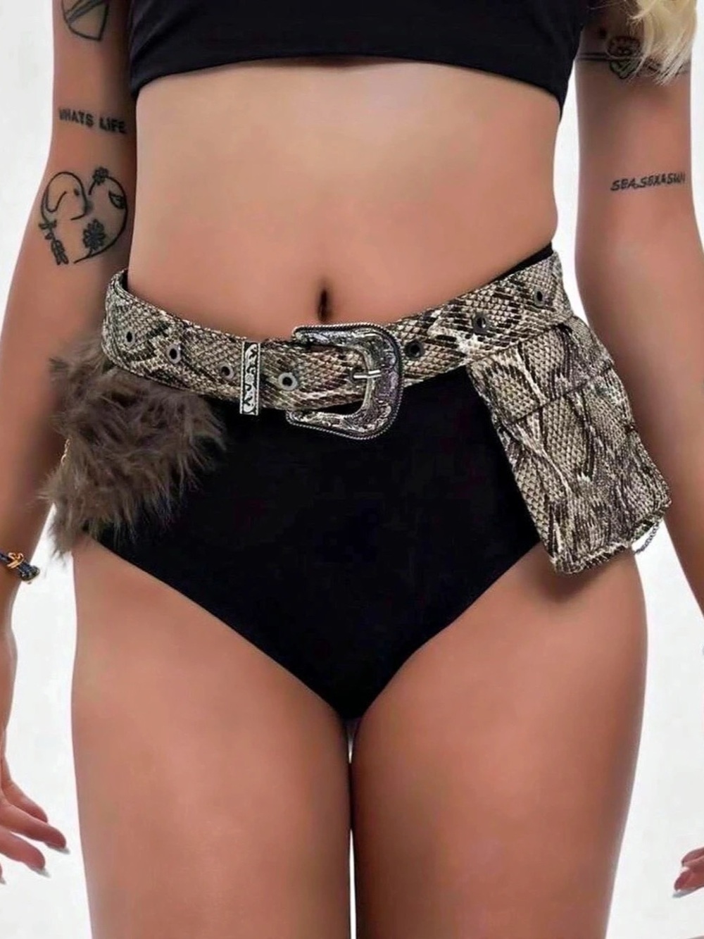 Club Exx Land Escape Fur Buckle Belt With Pouch Snakeskin Chain Belt in Brown &